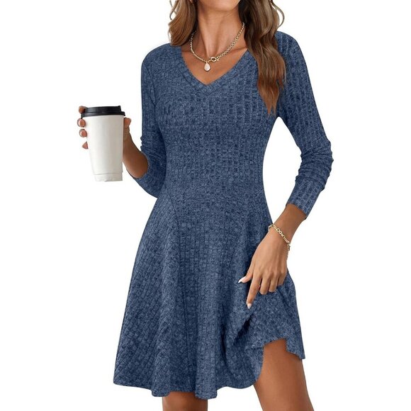 Dresses & Skirts - Women's Long Sleeve Ribbed Short Dresses V Neck Swing Sweater Dress Dark Blue